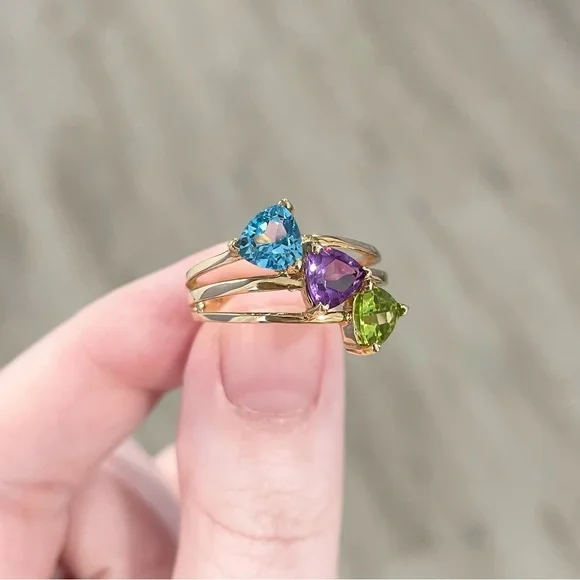 10K Rainbow amethyst Swiss blue topaz peridot trillion harem yellow gold CI ring - Picture 3 of 8